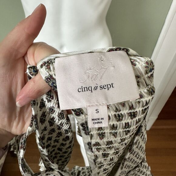 Silk Cinq a Sept Pascal Mini Medallion Blouse Small Smocked Off Cold Shoulder - Picture 6 of 13